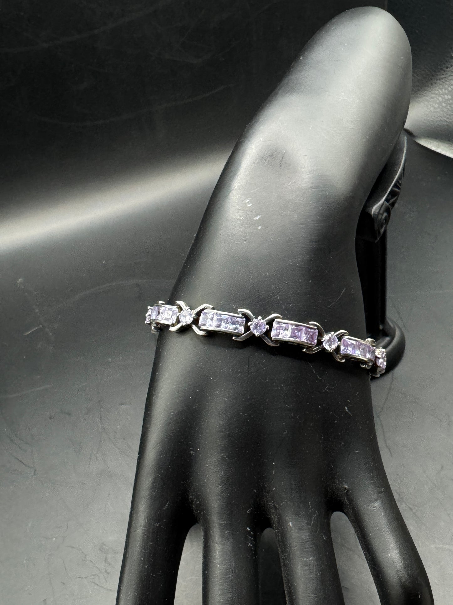 Vintage Sterling Silver 925 Purple Stone Tennis Bracelet – Lavender CZ Link Bracelet – 7.5” – Elegant Statement Jewelry