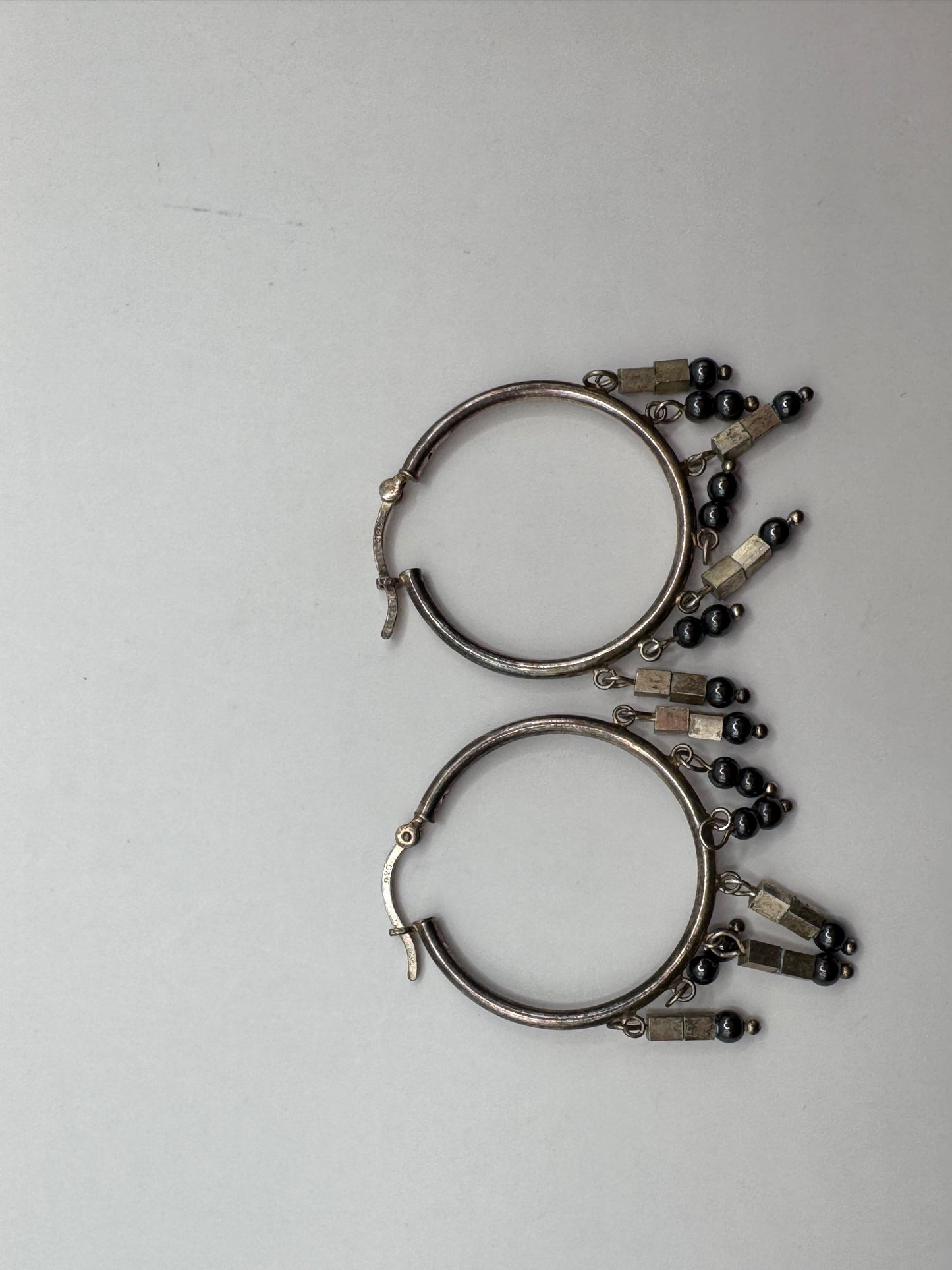 Vintage Sterling Silver Hoop Earrings with Black Onyx Dangles – Excellent Condition