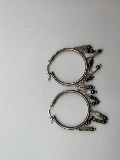 Vintage Sterling Silver Hoop Earrings with Black Onyx Dangles – Excellent Condition