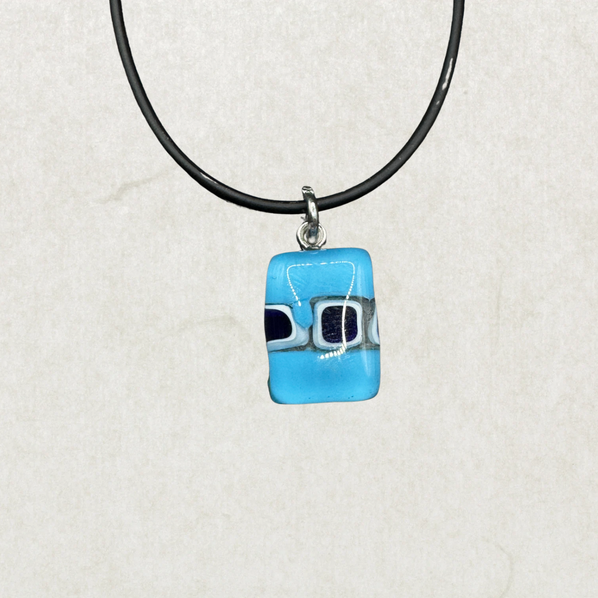 Vintage Murano Glass Pendant Necklace – Blue Geometric Design, Italian Art Glass, 16”