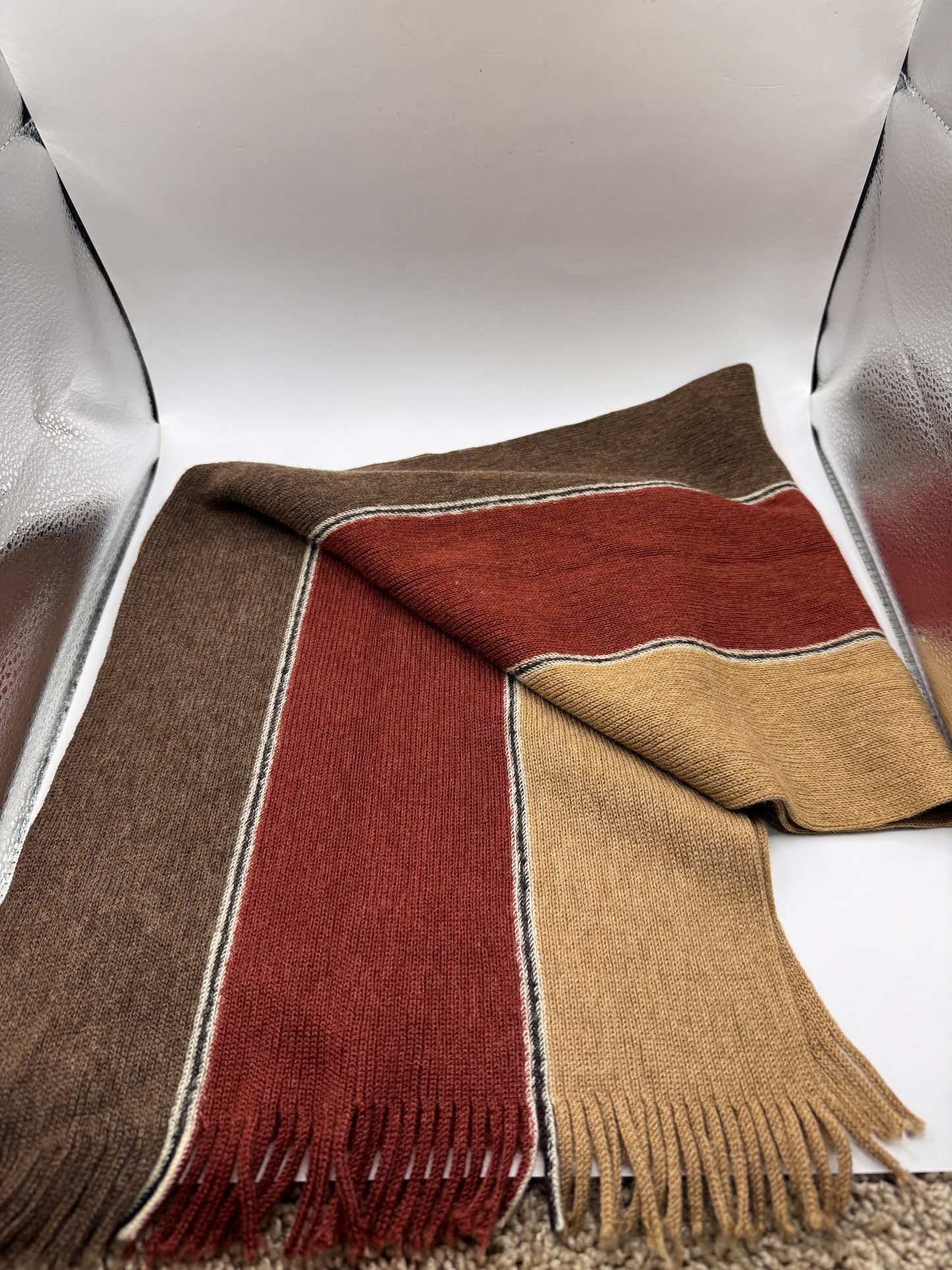 Vintage Paco Rabanne 100% Wool Scarf – 52” x 12”, Striped, Fringe Ends