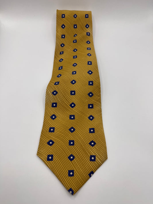 Vintage Stefano Conti 100% Silk Tie – Gold with Blue Geometric Pattern, 60” x 4”