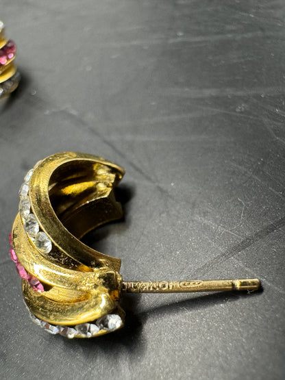 Vintage 14K Gold Filled Crystal & Pink Rhinestone Earrings – Elegant Half Hoop Studs