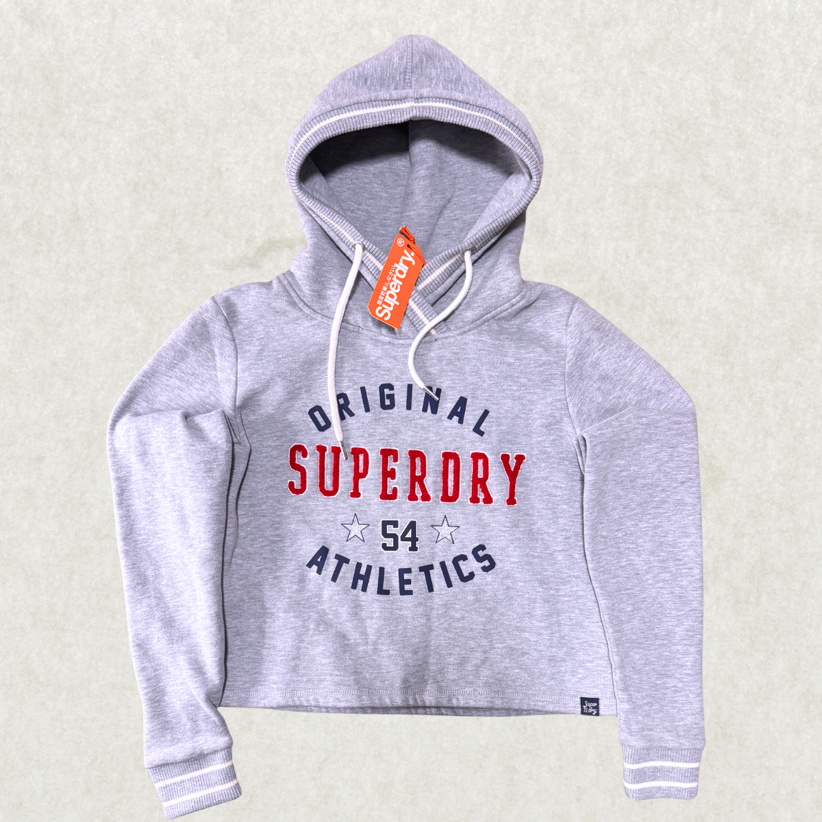 Superdry Women’s Cropped Hoodie – Size S, Grey, “Original Superdry Athletics” Graphic, NWT