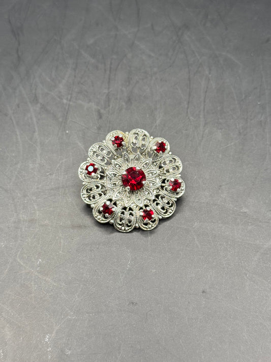Vintage Silver-Tone Filigree Brooch with Red Stones