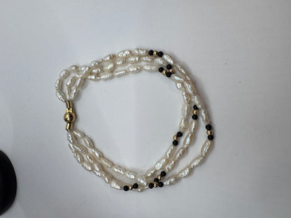 Vintage Three-Row Pearl Bracelet with Onyx & 14K Gold Clasp