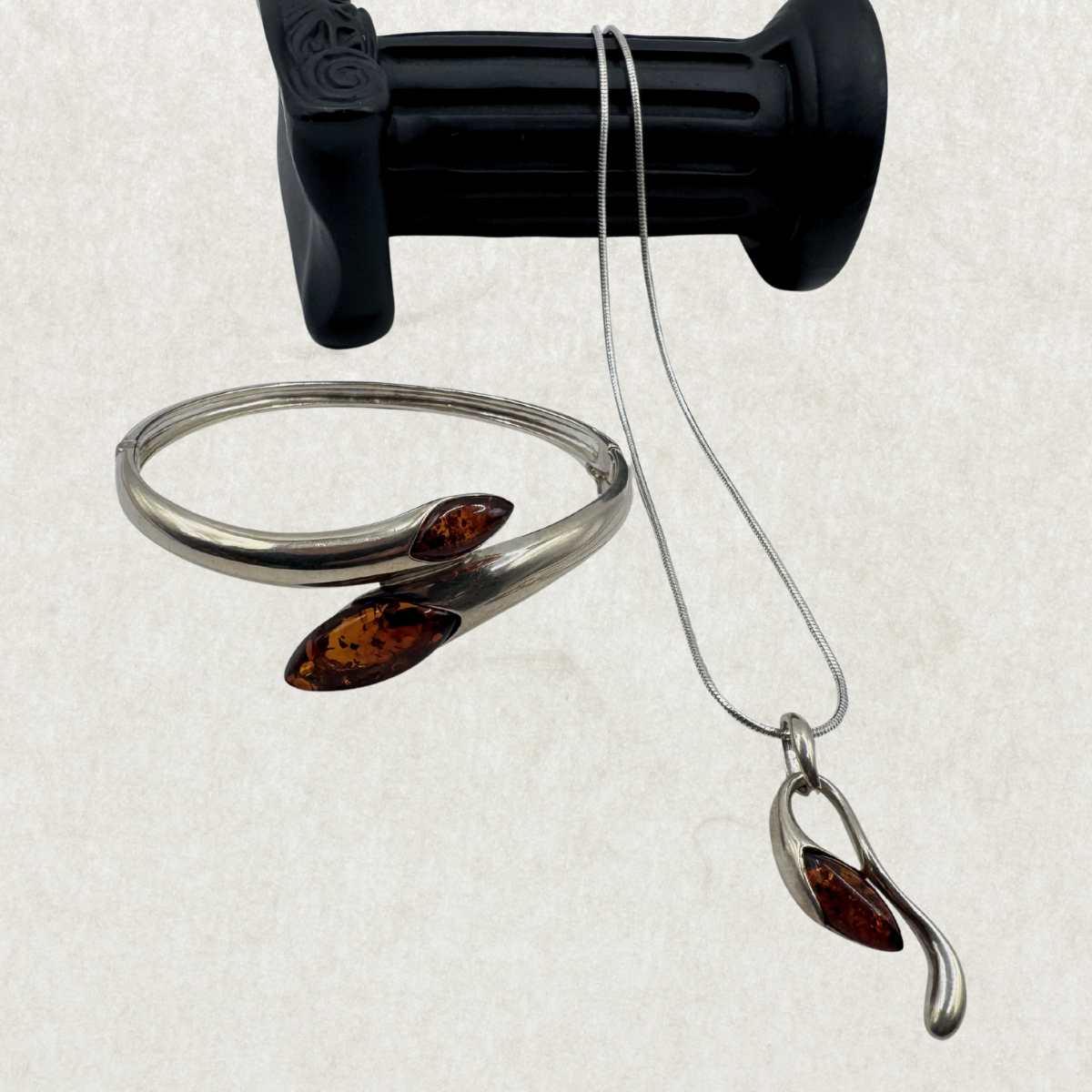 Silver 925 Amber Necklace and Bangle Set