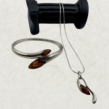 Silver 925 Amber Necklace and Bangle Set