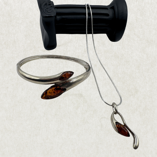 Silver 925 Amber Necklace and Bangle Set