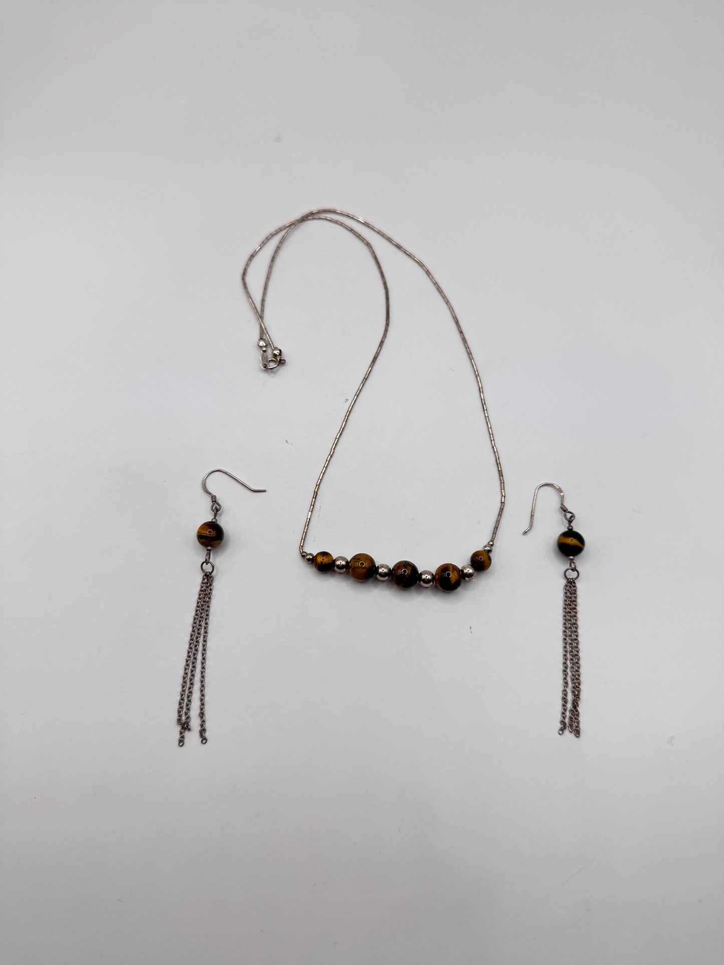 Vintage Sterling Silver Tiger’s Eye Necklace & Earring Set – Excellent Condition