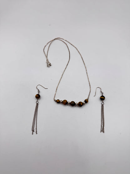 Vintage Sterling Silver Tiger’s Eye Necklace & Earring Set – Excellent Condition