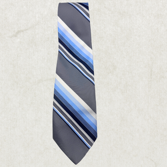 Vintage Christian Dior Tie – Blue & Grey Striped, 57” x 3.5”, 100% Polyester