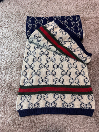 Vintage Gucci Men’s Wool Scarf – Navy & Cream Monogram, 70” x 12”