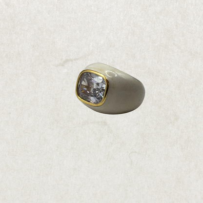 Vintage Scandinavian Enameled Ring, 14k Gold Fill, Large Zircon – Size ~7.5, Excellent Condition