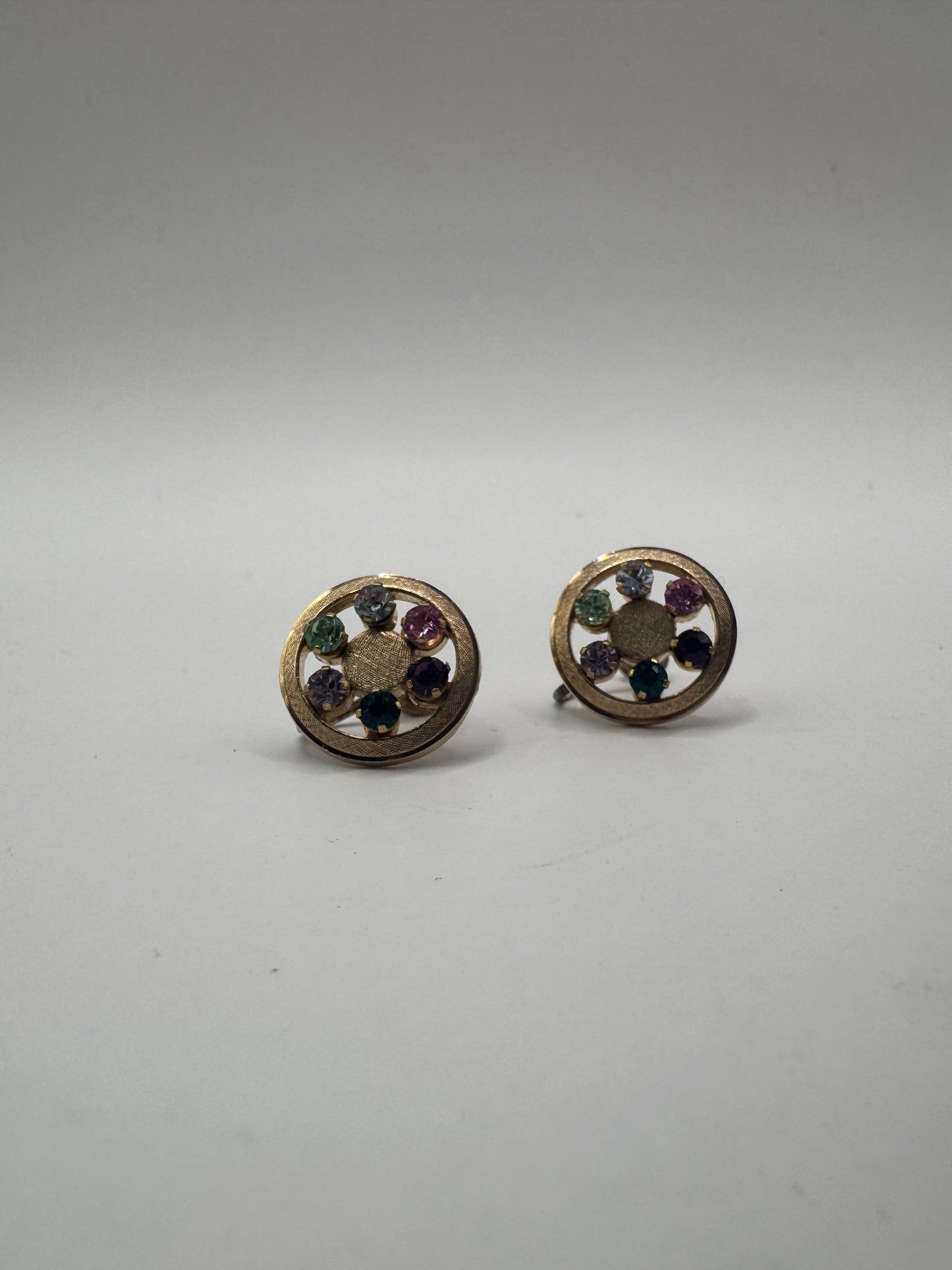 Anson Rainbow Crystal Clips Earrings – 1950s Gold-Plated Sterling Vintage Jewelry