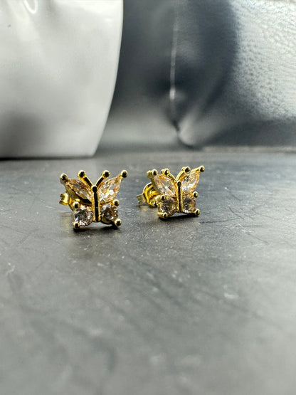Sterling Silver GP Butterfly Stud Earrings – Cubic Zirconia Gold Plated Earrings