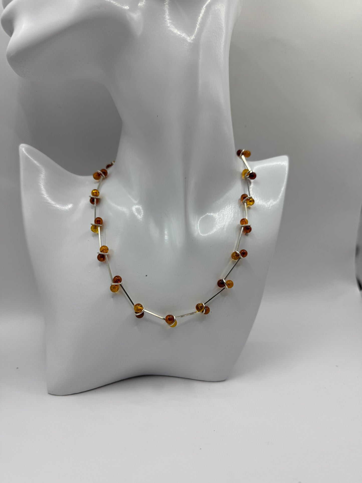 Sterling Silver Amber Bead Necklace, 15.5 Inches