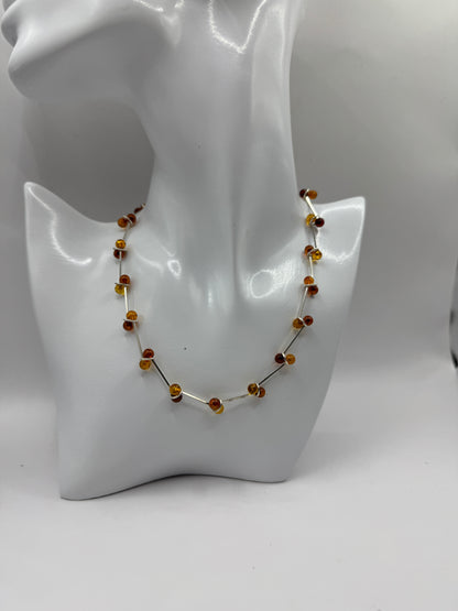 Sterling Silver Amber Bead Necklace, 15.5 Inches