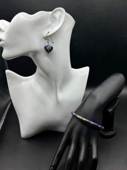 Vintage Cloisonné Enamel Bangle & Earrings Set – Sterling Silver 925, Floral Blue Design