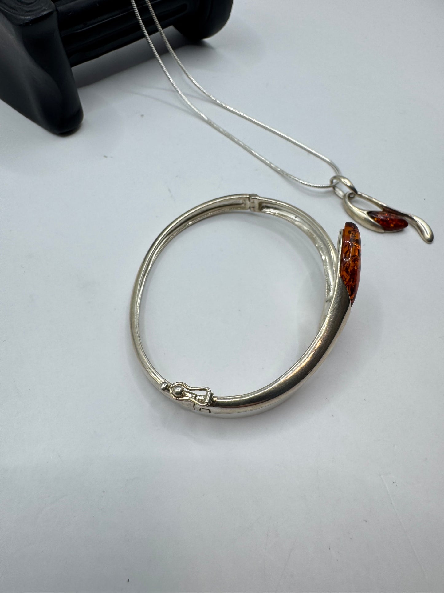 Silver 925 Amber Necklace and Bangle Set