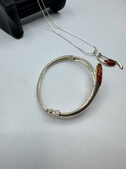 Silver 925 Amber Necklace and Bangle Set