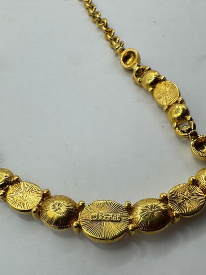 Vintage Monet Gold Tone Necklace with Faux Pearls & Rhinestones – Elegant Statement Collar Necklace