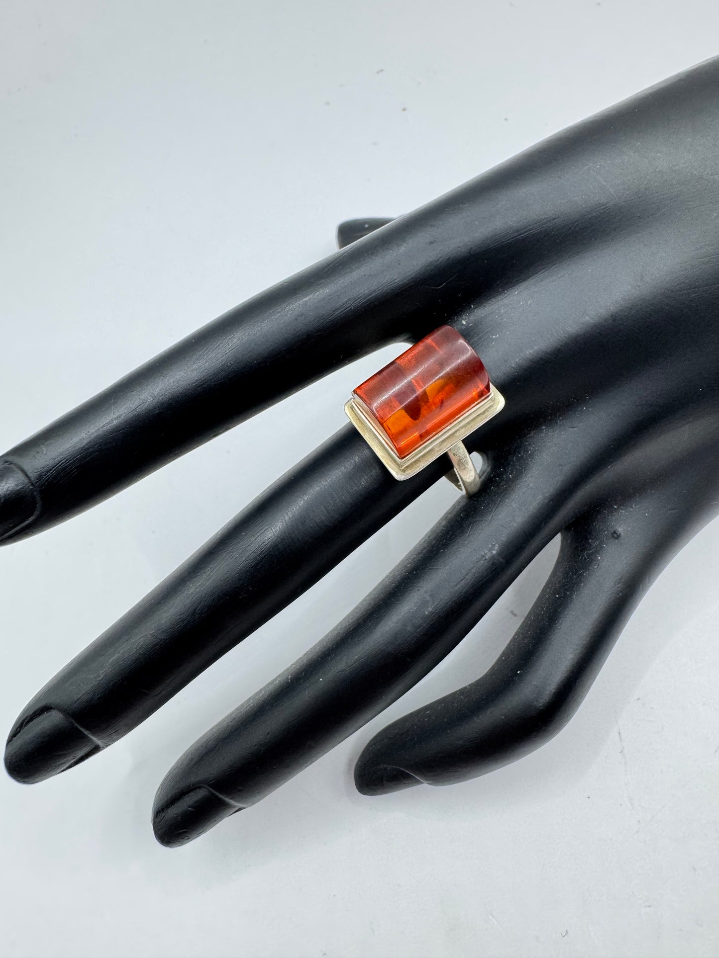 Vintage Large Sterling Silver Amber Ring Size 8.5