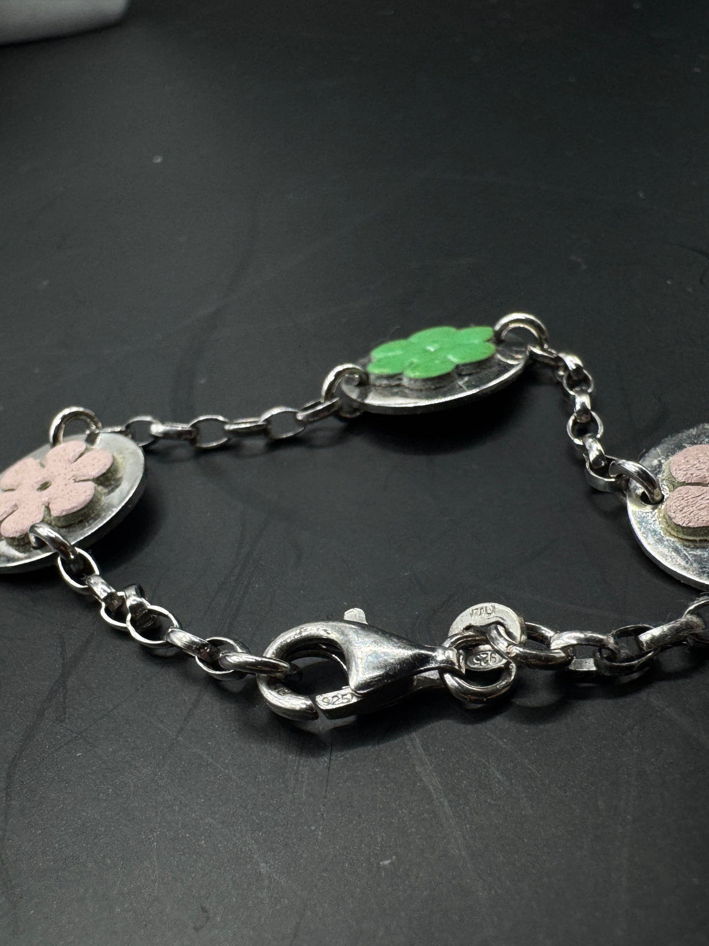 Vintage Italian Sterling Silver 925 Bracelet with Leather Flower Inlays – Pastel Floral Disc Design