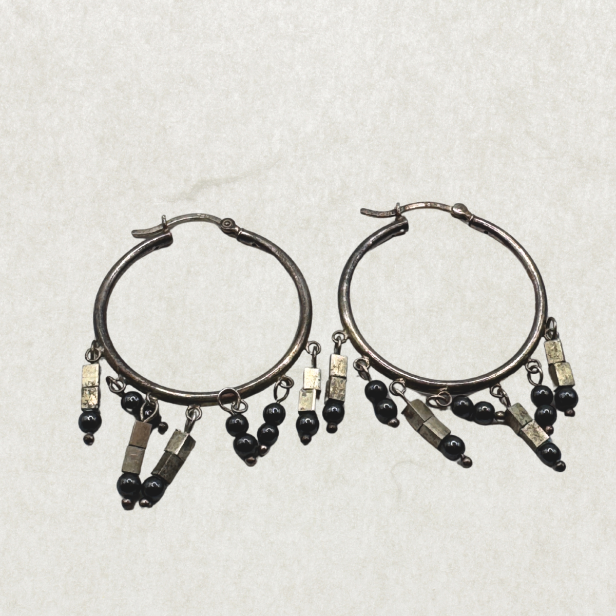 Vintage Sterling Silver Hoop Earrings with Black Onyx Dangles – Excellent Condition