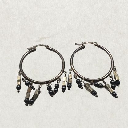 Vintage Sterling Silver Hoop Earrings with Black Onyx Dangles – Excellent Condition