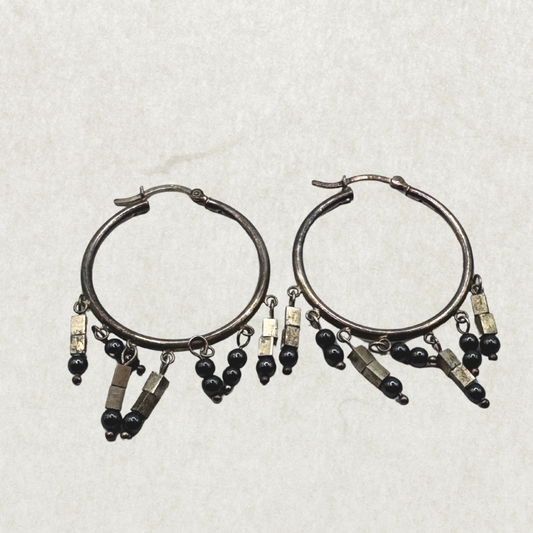Vintage Sterling Silver Hoop Earrings with Black Onyx Dangles – Excellent Condition