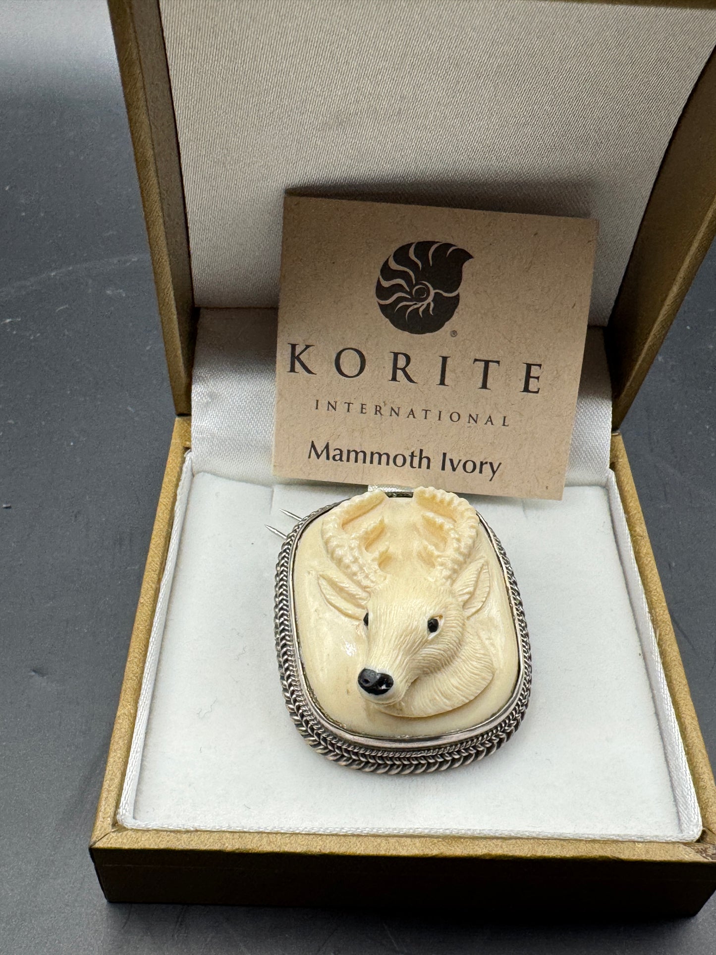 Vintage KORITE Sterling Silver 925 Pendant Brooch – Fossil Mammoth Ivory Deer Carving – CITES Exempt – Large Wildlife Statement Piece – New Old Stock