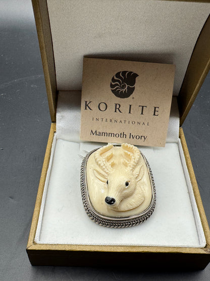 Vintage KORITE Sterling Silver 925 Pendant Brooch – Fossil Mammoth Ivory Deer Carving – CITES Exempt – Large Wildlife Statement Piece – New Old Stock