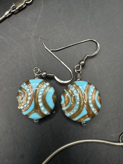 Vintage Sterling Silver Jewelry Set – Hand-Painted Necklace & Earrings, 18”