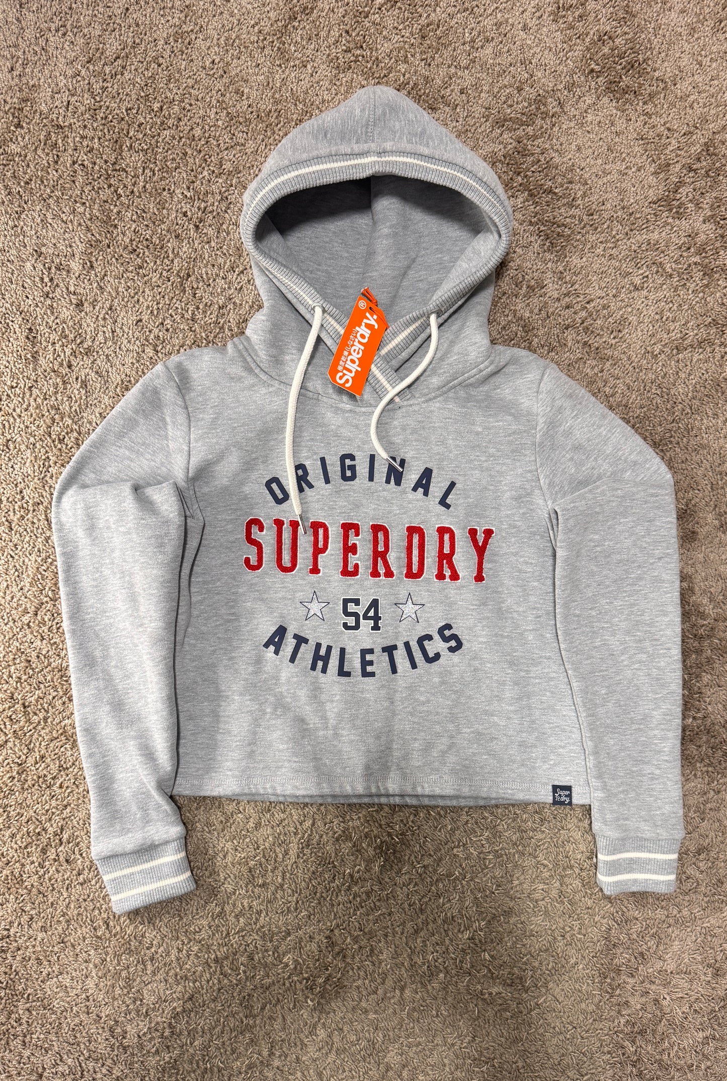 Superdry Women’s Cropped Hoodie – Size S, Grey, “Original Superdry Athletics” Graphic, NWT