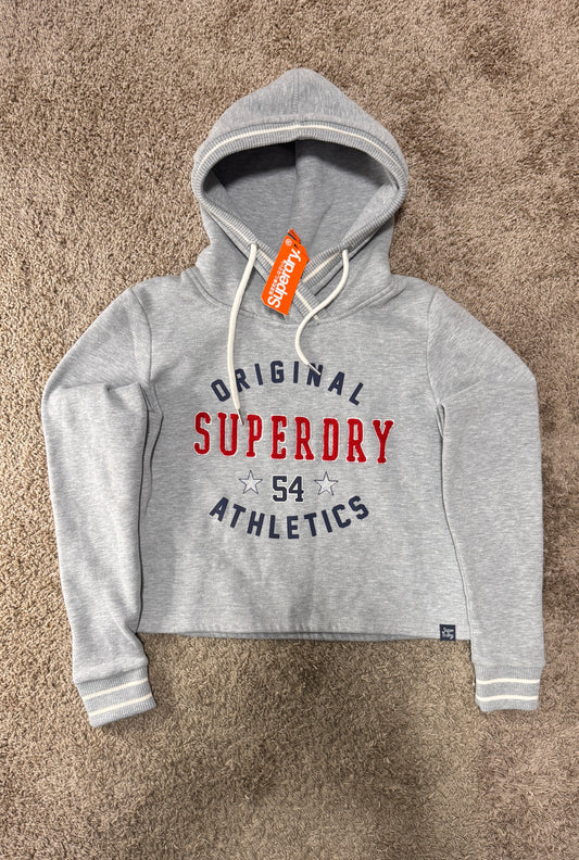 Superdry Women’s Cropped Hoodie – Size S, Grey, “Original Superdry Athletics” Graphic, NWT