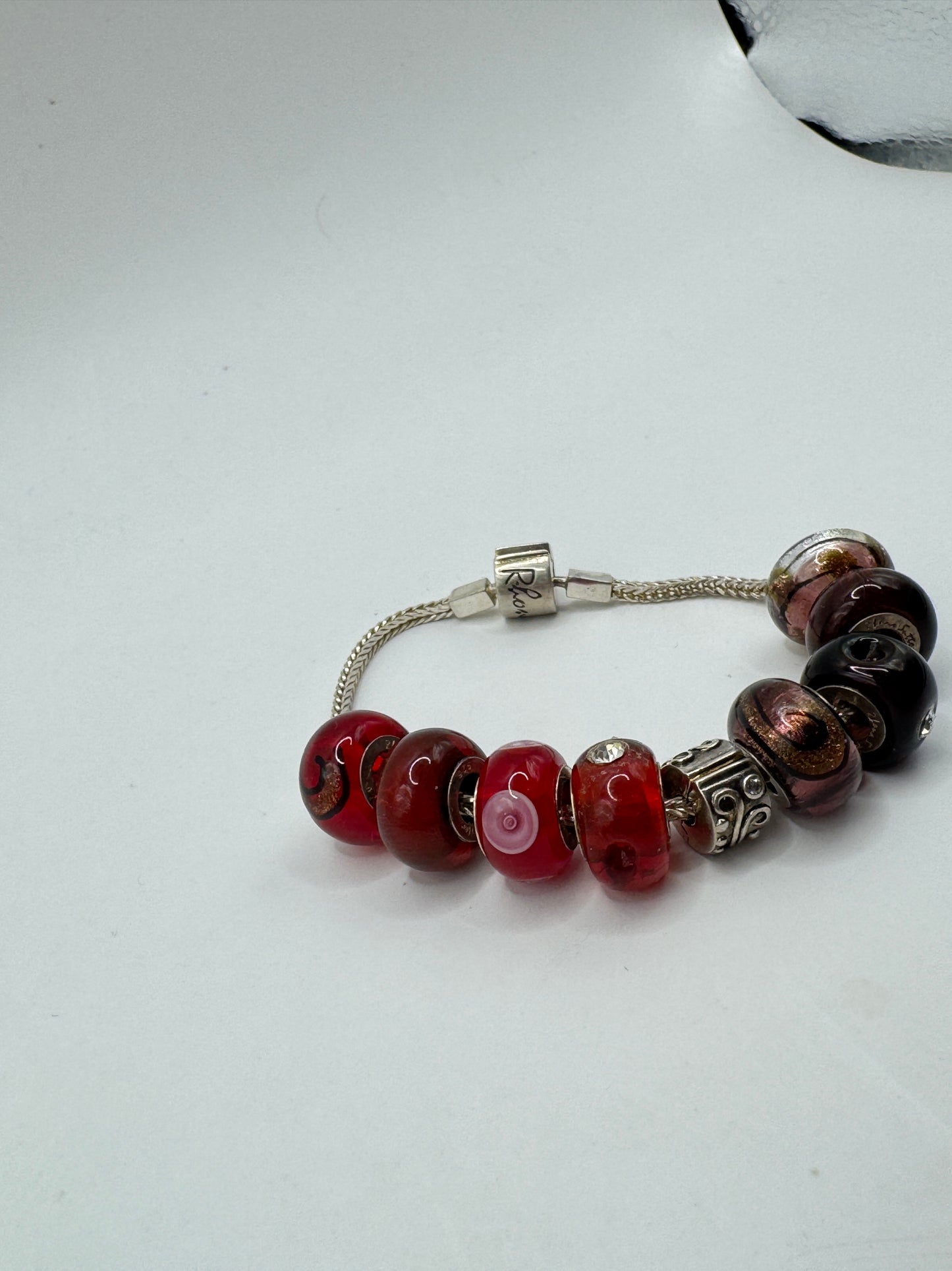 Vintage Rhona Sutton Sterling Silver Murano Glass Charm Bracelet – Red & Black European Beads