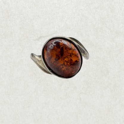 Vintage Sterling Silver Oval Amber Ring Size 5