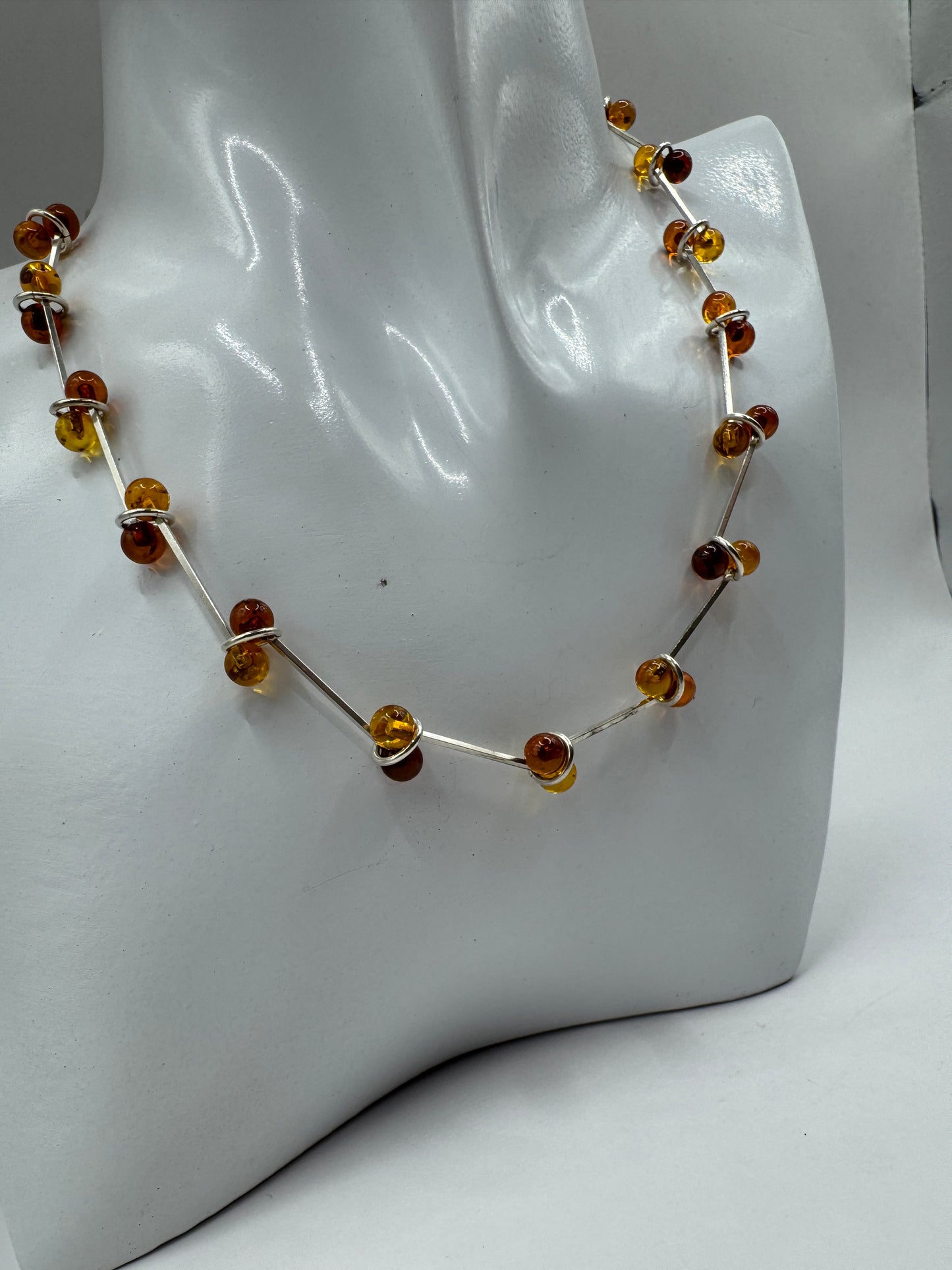Sterling Silver Amber Bead Necklace, 15.5 Inches