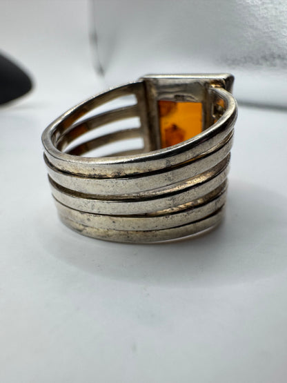 Large Vintage Sterling Silver Baltic Amber Ring Size 7.5
