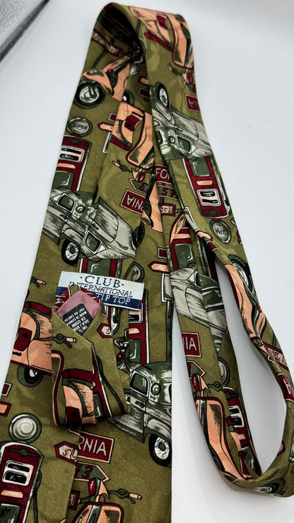 Vintage Club International 100% Silk California Scenic Tie, Olive Green Novelty Print