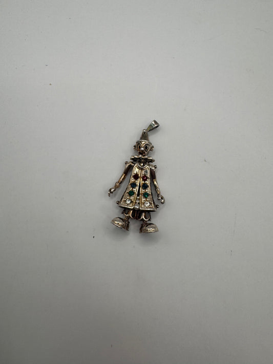 Vintage Sterling Silver 925 Articulated Clown Pendant with Colorful Stones