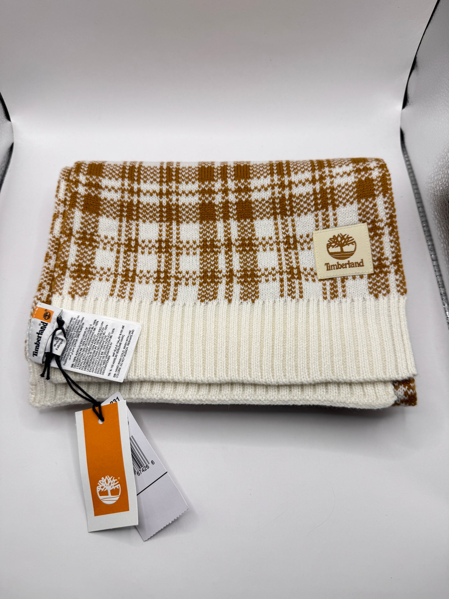 New Timberland Wheat Plaid Scarf – Logo Patch, 64" x 10", NWT