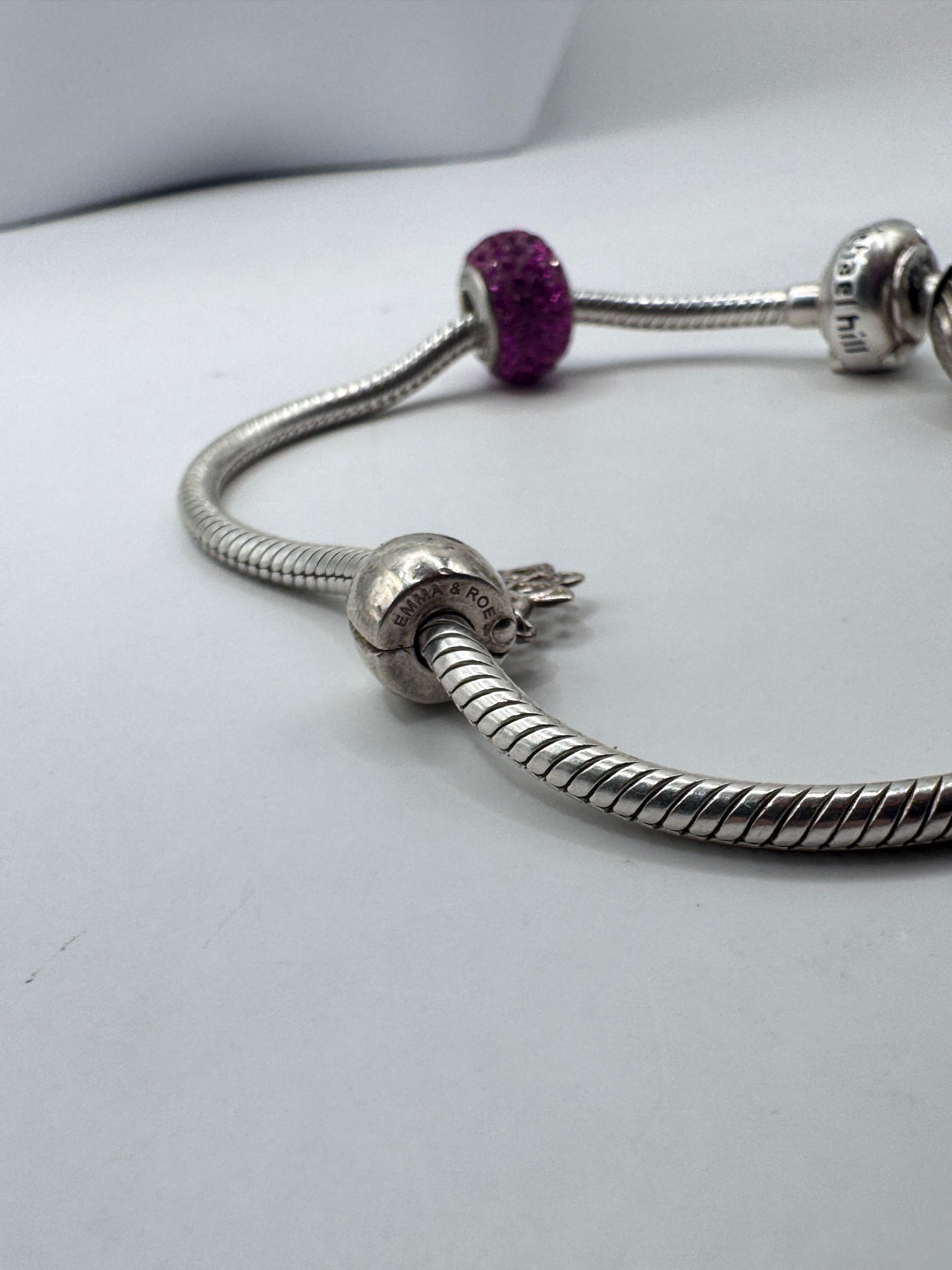 Michael Hill Sterling Silver 925 Snake Chain Charm Bracelet with 2 Michael Hill Charms & Emma & Roe Blue Diamond Charm