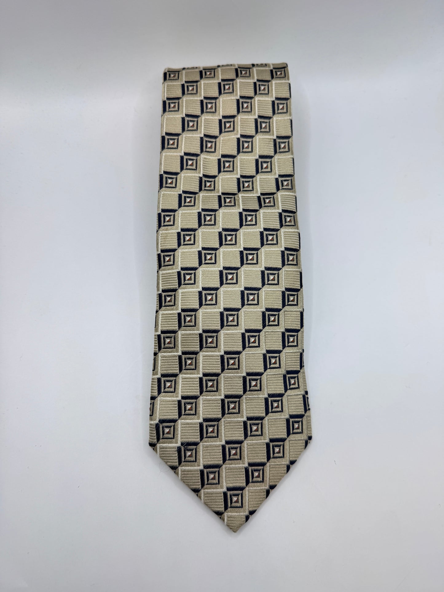 Vintage Canali Silk Tie – 100% Silk, Beige & Navy Geometric Pattern