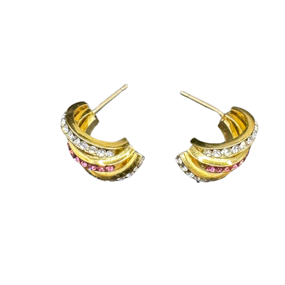 Vintage 14K Gold Filled Crystal & Pink Rhinestone Earrings – Elegant Half Hoop Studs