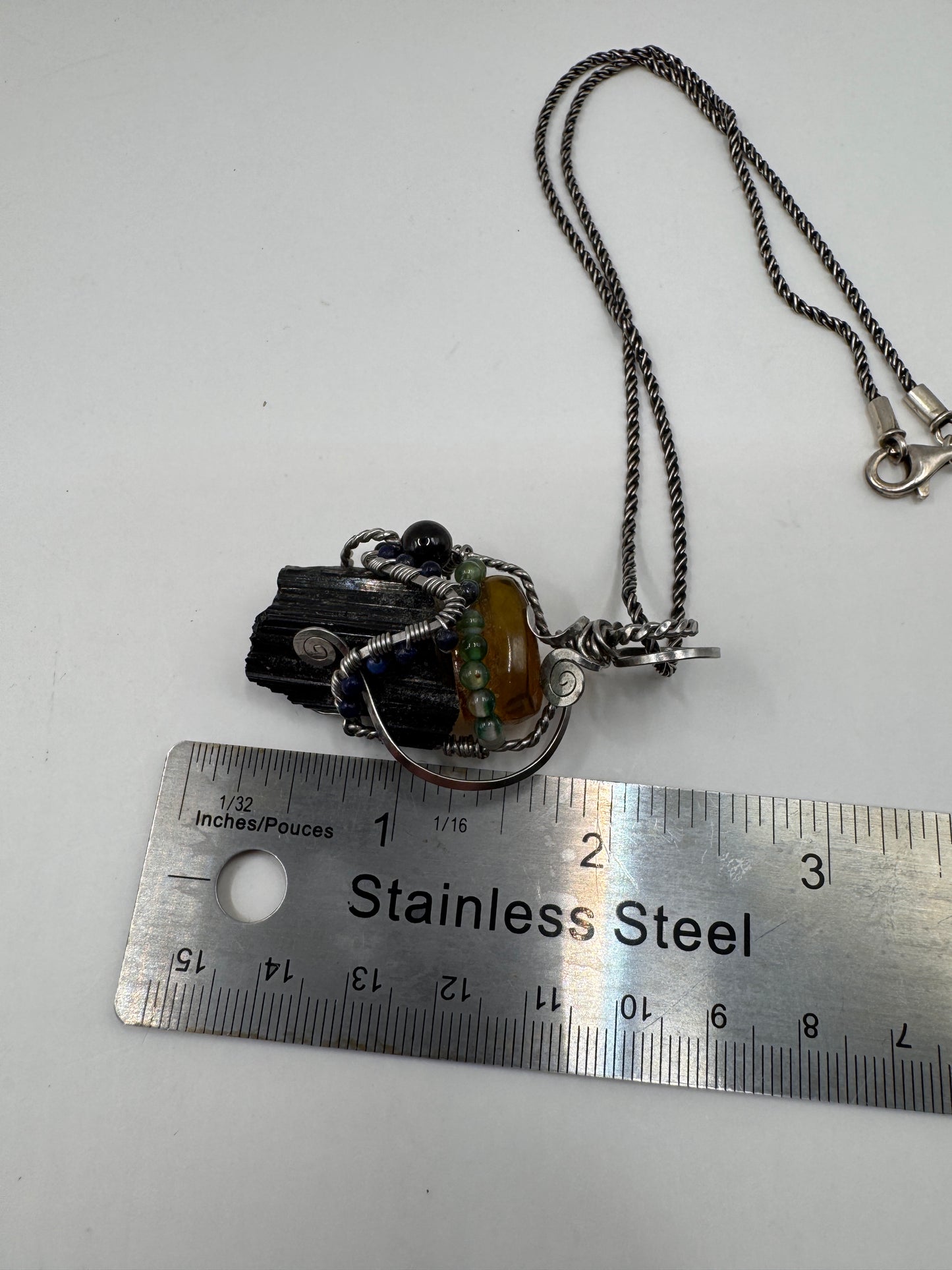 Handcrafted Black Tourmaline & Amber Sterling Silver Necklace