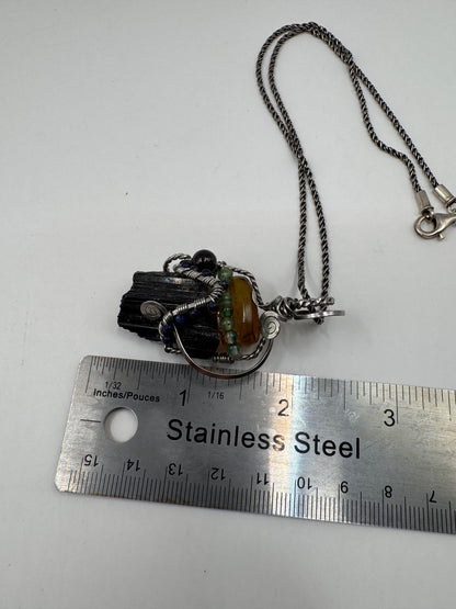 Handcrafted Black Tourmaline & Amber Sterling Silver Necklace