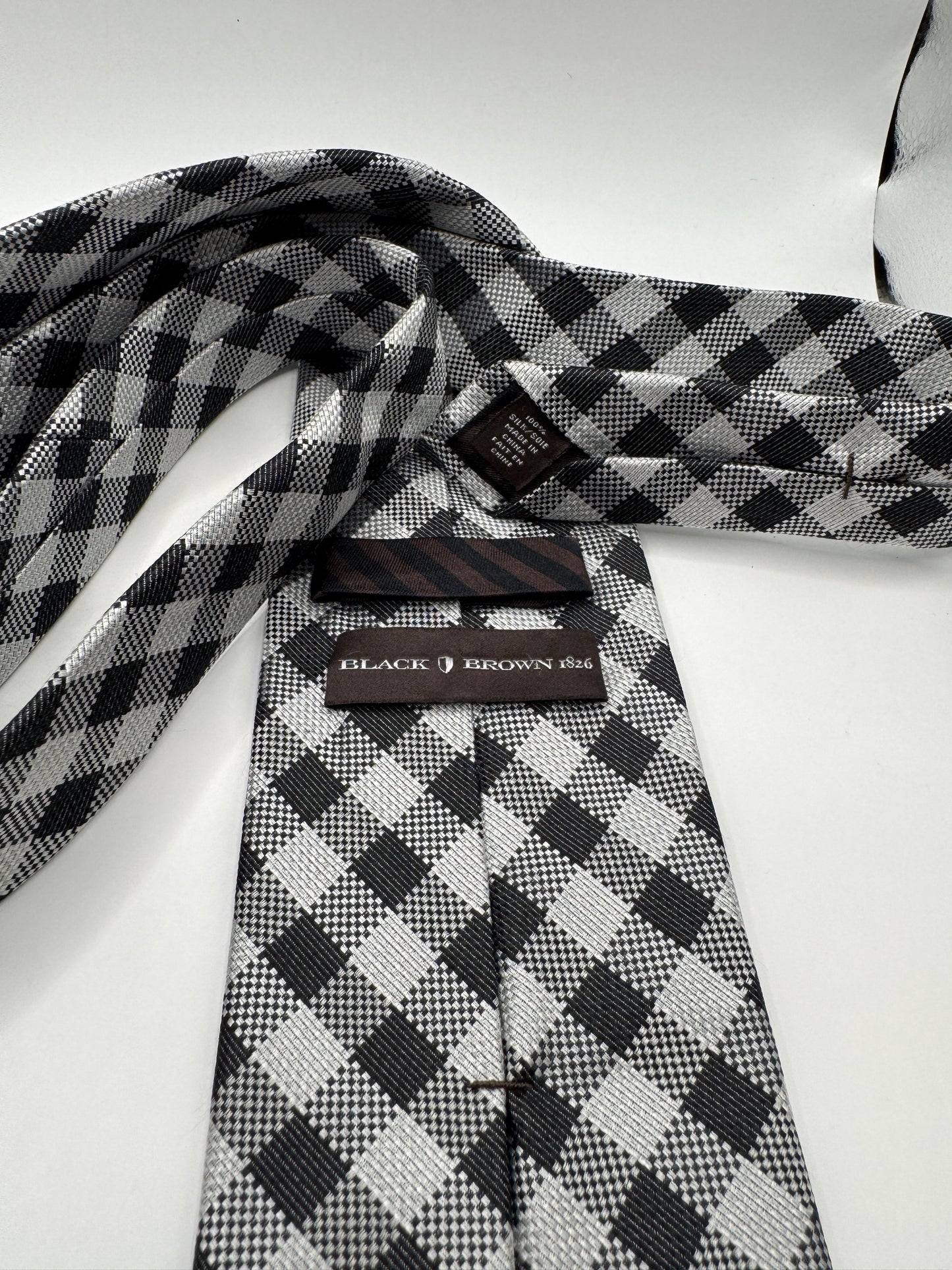 Black Brown 100% Silk Tie – Black & White Checkered, 59” x 3.5”