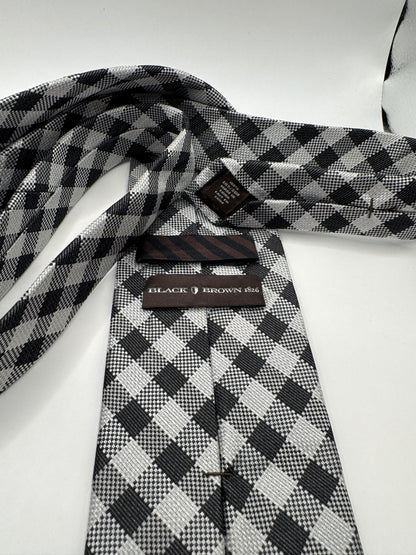 Black Brown 100% Silk Tie – Black & White Checkered, 59” x 3.5”
